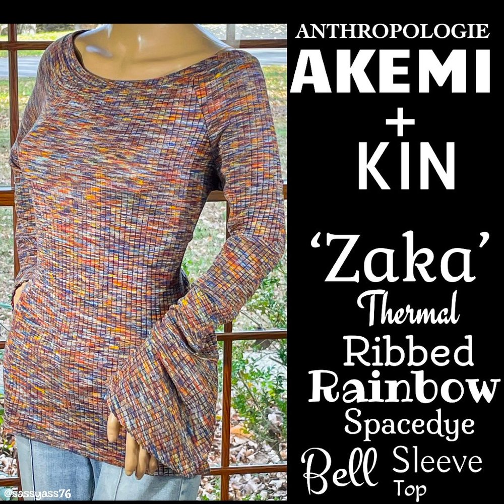 ▪️ANTHRO▪️AKEMI + KIN▪️Thin Ribbed Rainbow Spacedye ZAKA Bell Sleeve Top - Picture 1 of 7